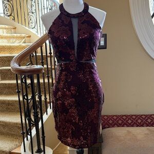 GUESS Elegant Burgundy Sequin Halter Dress